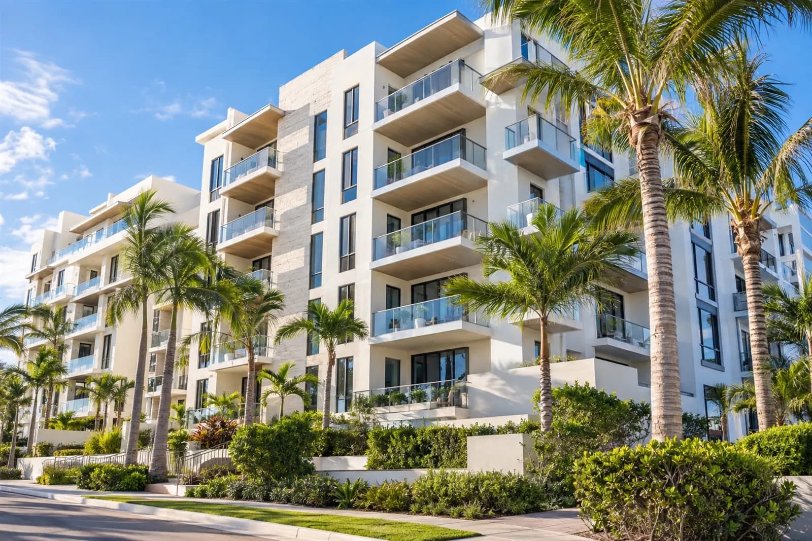 Mid-rise condominium building with balconies and palm trees