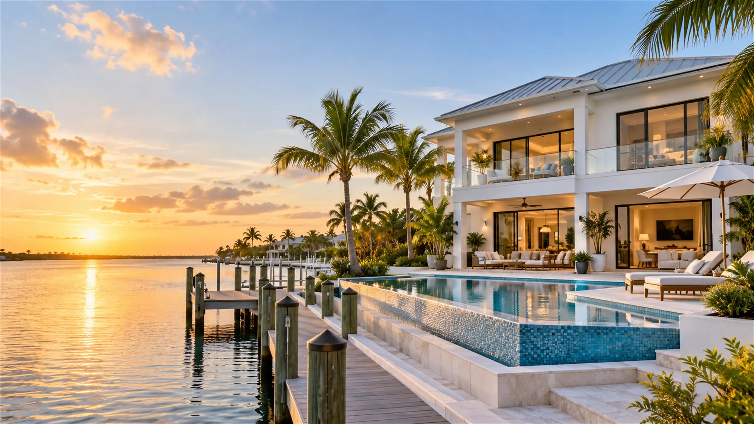 Waterfront Florida home with a pool and a dock at sunset