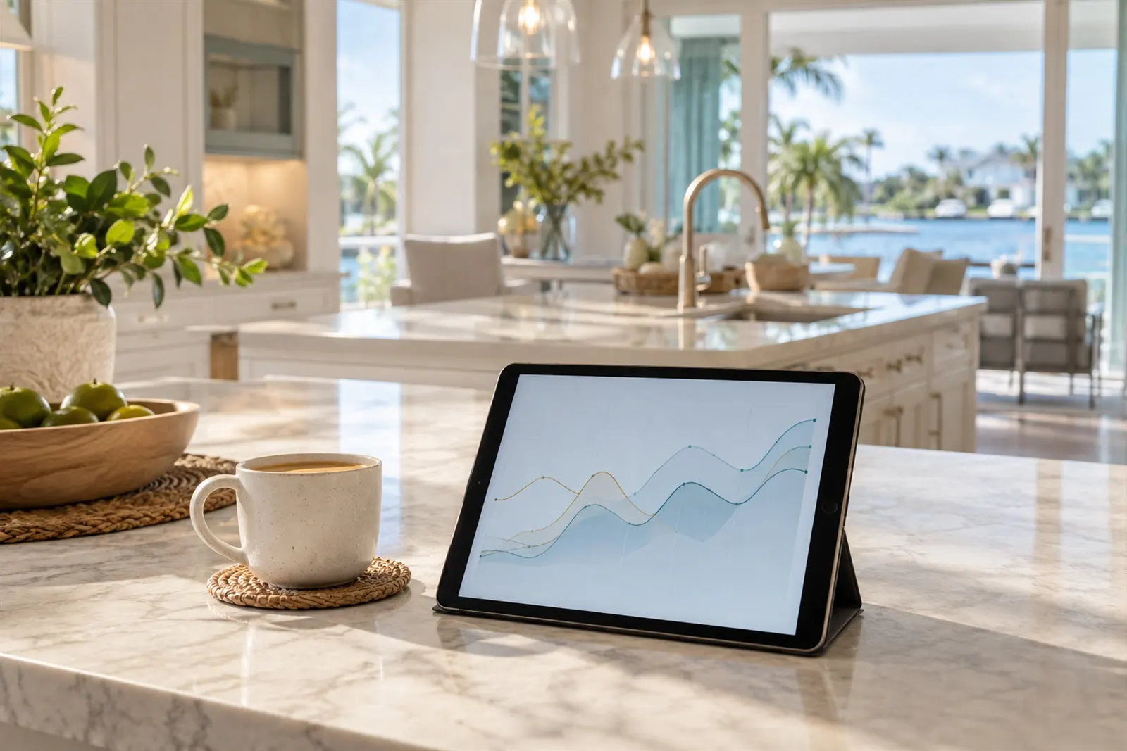 Kitchen island with a tablet showing a market chart beside a cup of coffee