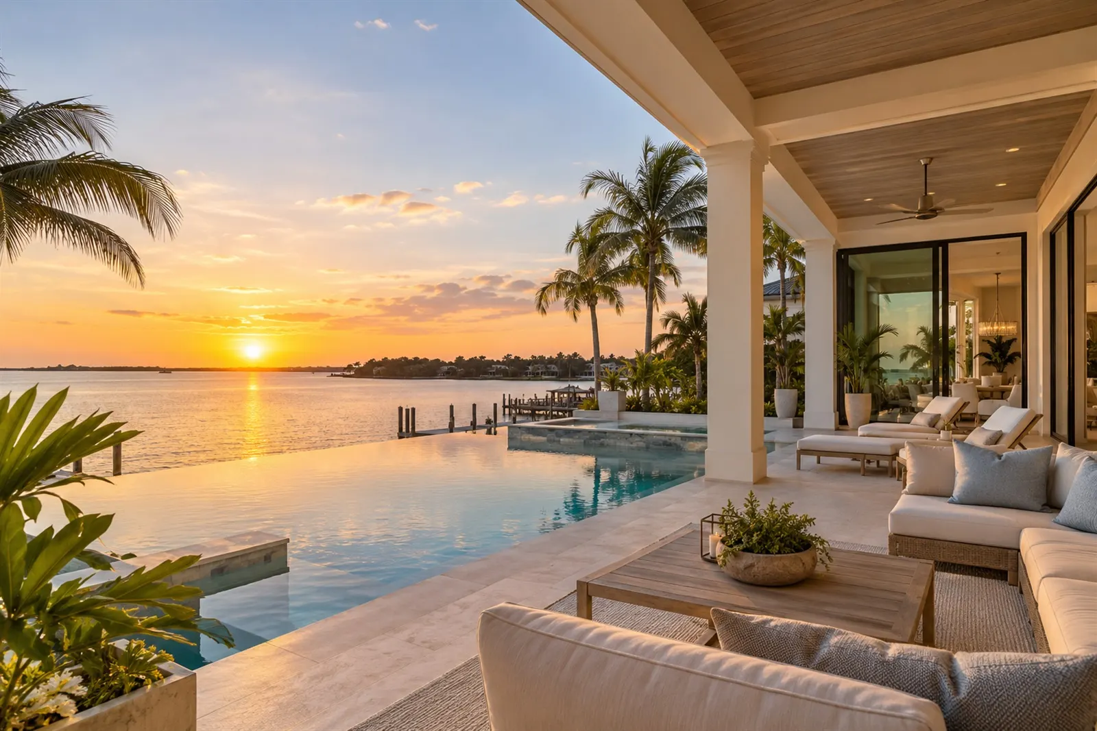 Covered terrace and infinity pool overlooking the water at sunset
