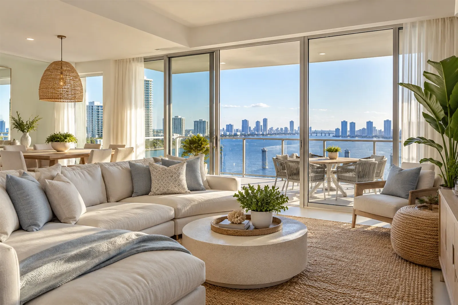 Condominium living room with a balcony overlooking the bay and a city skyline