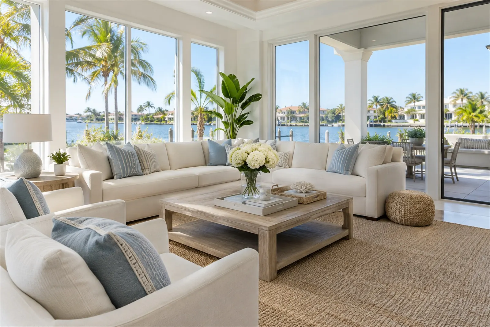Bright living room with large windows looking out over the water